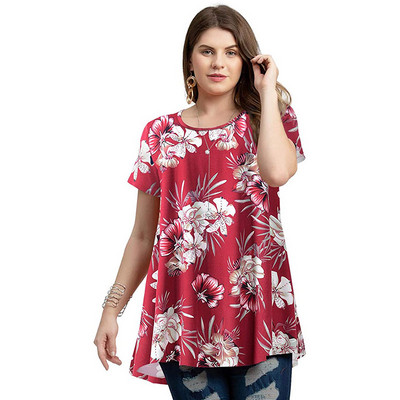 4XL 5XL Liela izmēra blūze Sieviešu pavasara vasaras ziedu apdruka ar īsām piedurknēm ikdienišķa topi Tees Brīvi lielizmēra sieviešu tunikas topi