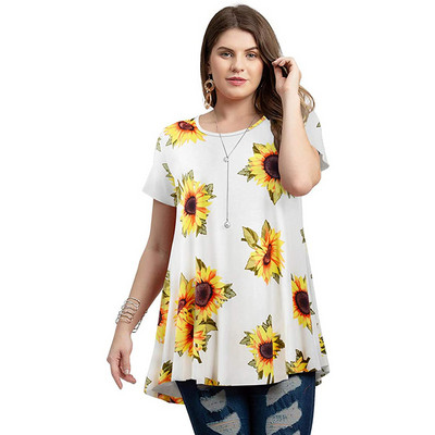 4XL 5XL Liela izmēra blūze Sieviešu pavasara vasaras ziedu apdruka ar īsām piedurknēm ikdienišķa topi Tees Brīvi lielizmēra sieviešu tunikas topi