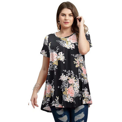 4XL 5XL Liela izmēra blūze Sieviešu pavasara vasaras ziedu apdruka ar īsām piedurknēm ikdienišķa topi Tees Brīvi lielizmēra sieviešu tunikas topi