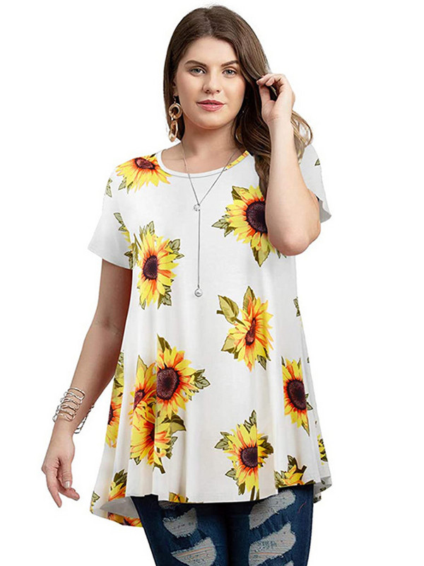 4XL 5XL Liela izmēra blūze Sieviešu pavasara vasaras ziedu apdruka ar īsām piedurknēm ikdienišķa topi Tees Brīvi lielizmēra sieviešu tunikas topi