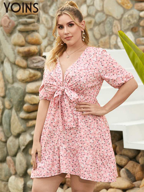 YOINS lielizmēra 2023. gada sieviešu kleita, modes kleita ar īsām piedurknēm vasaras kleitas ar ziedu apdruku Bohēmijas Vestidos ar dziļu V kakla izgriezumu saulainā kleita L-4XL