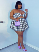 ZJFZML ZZ Liela izmēra 2 daļiņu svārku komplekti Sieviešu apģērbi Vintage melnbalti rūtaini apdrukas augšdaļa un kroku īsu svārku apģērbs