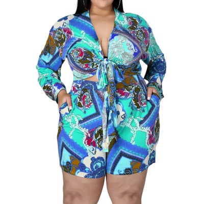 HLJ&GG modes retro apdrukas šorti, divdaļīgie komplekti sievietēm V kakla pārsējs Crop top + šauri šorti treniņtērpi Liela izmēra ielas apģērbs