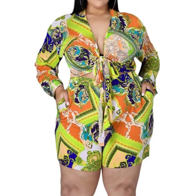 HLJ&GG modes retro apdrukas šorti, divdaļīgie komplekti sievietēm V kakla pārsējs Crop top + šauri šorti treniņtērpi Liela izmēra ielas apģērbs