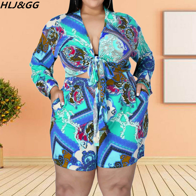 HLJ&GG modes retro apdrukas šorti, divdaļīgie komplekti sievietēm V kakla pārsējs Crop top + šauri šorti treniņtērpi Liela izmēra ielas apģērbs