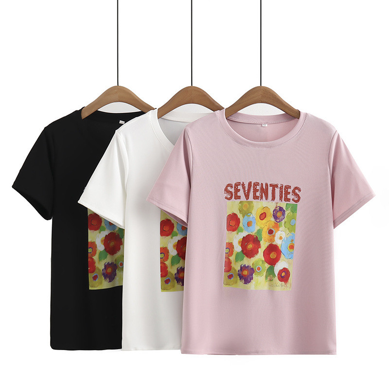 Liela izmēra T-krekls Sieviešu apģērbi Brīvi Puloveri Ziedi Tīpas Īsās Piedurknes Izliektas Topi 2023. gada vasara