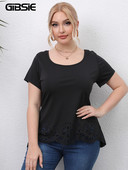 GIBSIE Plus Size Μαύρο κούφιο γυναικείο μπλουζάκι με λαιμόκοψη Καλοκαιρινό κοντομάνικο Basic γυναικεία μπλουζάκια καθημερινά μπλουζάκια 4XL Γυναικεία ρούχα