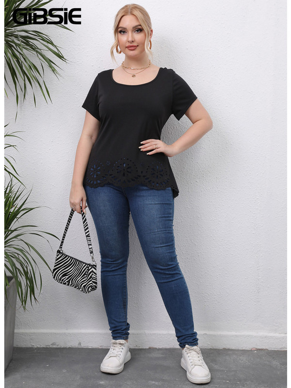 GIBSIE Plus Size Μαύρο κούφιο γυναικείο μπλουζάκι με λαιμόκοψη Καλοκαιρινό κοντομάνικο Basic γυναικεία μπλουζάκια καθημερινά μπλουζάκια 4XL Γυναικεία ρούχα