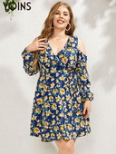 YOINS női ruha, elegáns, nagy méretű ruhák 2023-as, hosszú ujjú vállra vágott virágmintás fodros szabású divatos Vestidos női