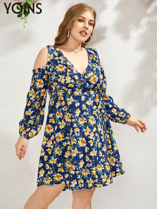 YOINS női ruha, elegáns, nagy méretű ruhák 2023-as, hosszú ujjú vállra vágott virágmintás fodros szabású divatos Vestidos női