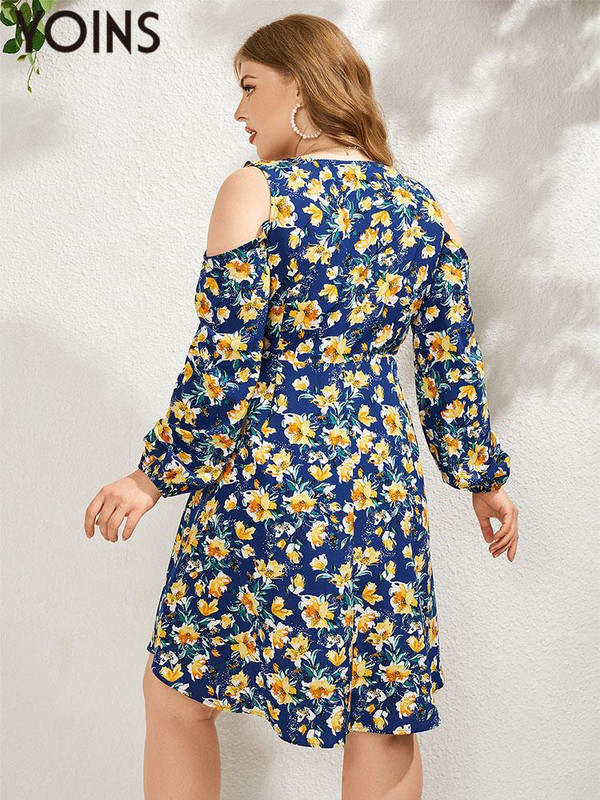 YOINS női ruha, elegáns, nagy méretű ruhák 2023-as, hosszú ujjú vállra vágott virágmintás fodros szabású divatos Vestidos női