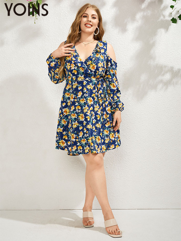 YOINS női ruha, elegáns, nagy méretű ruhák 2023-as, hosszú ujjú vállra vágott virágmintás fodros szabású divatos Vestidos női