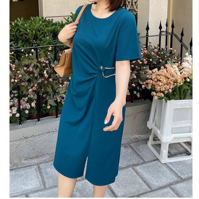 Ikdienas O-veida kakla zila zaļa trikotāžas Midi kleitas Sieviešu trīsdimensiju apdare ar kroku īsām piedurknēm pulovera liela izmēra kleita