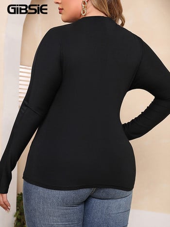 GIBSIE Plus Size Μαύρο Cut Out T-Shirt Μπροστινό γυναικείο μπλουζάκι φθινοπωρινό φθινόπωρο μακρυμάνικο μπλουζάκι με λεπτή λαιμόκοψη Γυναικεία ρούχα 3XL 4XL