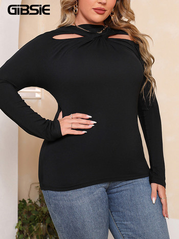 GIBSIE Plus Size Μαύρο Cut Out T-Shirt Μπροστινό γυναικείο μπλουζάκι φθινοπωρινό φθινόπωρο μακρυμάνικο μπλουζάκι με λεπτή λαιμόκοψη Γυναικεία ρούχα 3XL 4XL