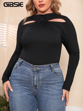 GIBSIE Plus Size Μαύρο Cut Out T-Shirt Μπροστινό γυναικείο μπλουζάκι φθινοπωρινό φθινόπωρο μακρυμάνικο μπλουζάκι με λεπτή λαιμόκοψη Γυναικεία ρούχα 3XL 4XL