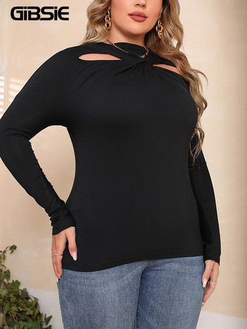 GIBSIE Plus Size Μαύρο Cut Out T-Shirt Μπροστινό γυναικείο μπλουζάκι φθινοπωρινό φθινόπωρο μακρυμάνικο μπλουζάκι με λεπτή λαιμόκοψη Γυναικεία ρούχα 3XL 4XL