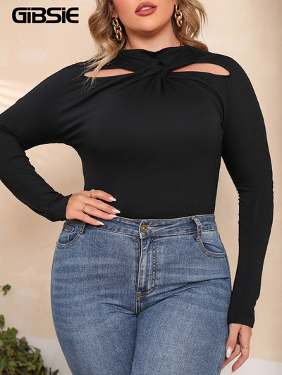 GIBSIE Plus Size Μαύρο Cut Out T-Shirt Μπροστινό γυναικείο μπλουζάκι φθινοπωρινό φθινόπωρο μακρυμάνικο μπλουζάκι με λεπτή λαιμόκοψη Γυναικεία ρούχα 3XL 4XL