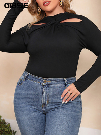GIBSIE lielizmēra melns, izgriezts, savīti priekšējais T-krekls sieviešu pavasara rudens ar O veida kakla izgriezumu, garām piedurknēm, tievi T-krekli, sieviešu apģērbi 3XL 4XL