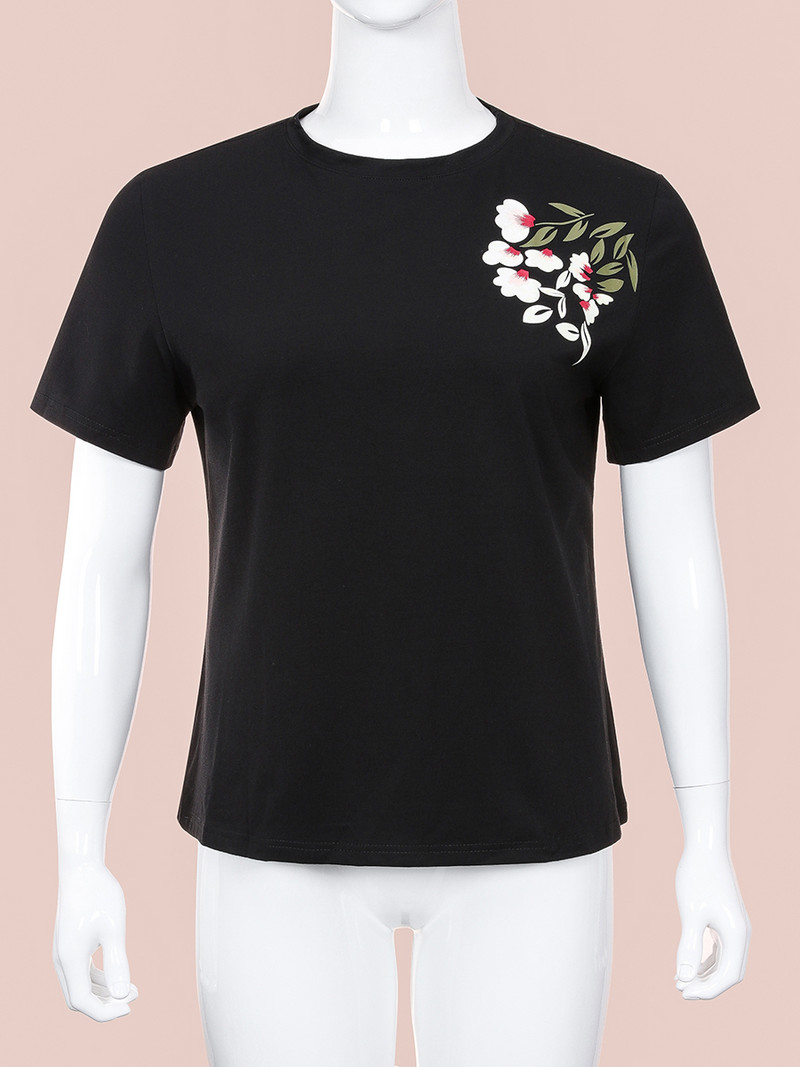 Finjani ziedu drukas Drop Shoulder Tee Plus izmēra īsām piedurknēm apaļš kakla modes vasaras pamata tops sievietēm