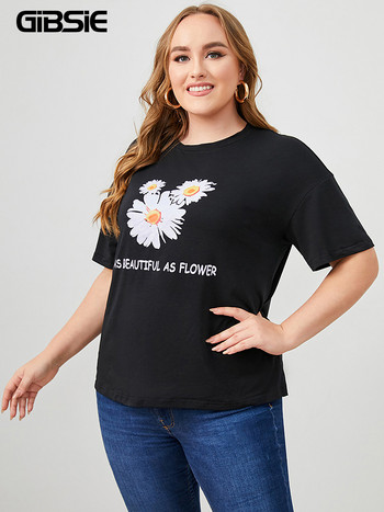 GIBSIE Plus Size Letter και Floral print Γυναικείο T-shirt με λαιμόκοψη καλοκαιρινό κοντομάνικο μαύρο 3XL 4XL Γυναικείο μπλουζάκι casual 2022