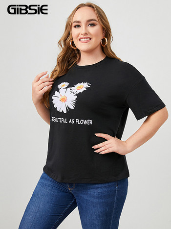 GIBSIE Plus Size Letter και Floral print Γυναικείο T-shirt με λαιμόκοψη καλοκαιρινό κοντομάνικο μαύρο 3XL 4XL Γυναικείο μπλουζάκι casual 2022