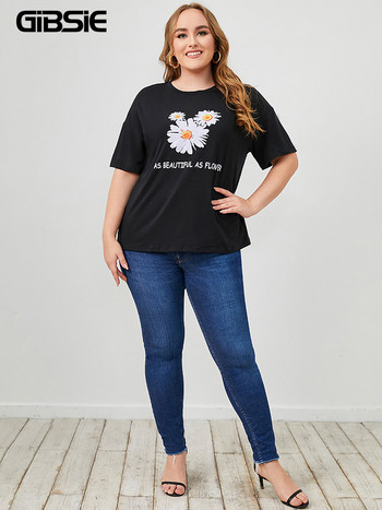 GIBSIE Plus Size Letter και Floral print Γυναικείο T-shirt με λαιμόκοψη καλοκαιρινό κοντομάνικο μαύρο 3XL 4XL Γυναικείο μπλουζάκι casual 2022