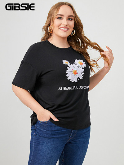 GIBSIE Tricou cu decolteu O cu litere și imprimeu floral mărime mare pentru femei, vară, mânecă scurtă, negru 3XL 4XL, tricou casual pentru femei, Topuri 2022