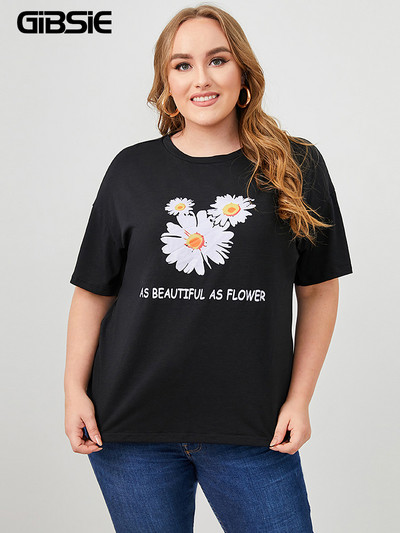 GIBSIE lielizmēra burtu un ziedu apdruka T-krekls ar O veida kakla izgriezumu sieviešu vasaras īsām piedurknēm, melns 3XL 4XL sieviešu ikdienas T-kreklu topi 2022. g.