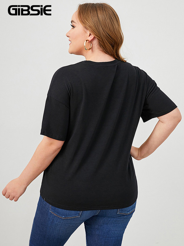 GIBSIE lielizmēra burtu un ziedu apdruka T-krekls ar O veida kakla izgriezumu sieviešu vasaras īsām piedurknēm, melns 3XL 4XL sieviešu ikdienas T-kreklu topi 2022. g.