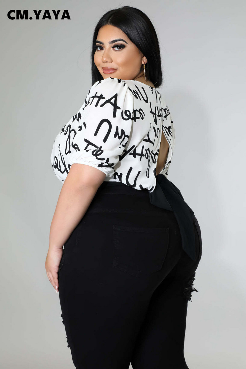 CM.YAYA Liela izmēra sieviešu burtu O veida kakla izgriezums Elegants T-krekls 2022. gada vasaras ielas apģērba T-krekli