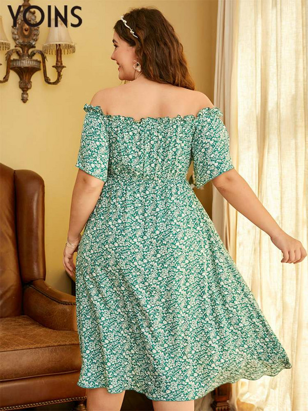 YOINS 2023. gada vasaras kleita sievietēm, moderna uz pleciem, Vestidos, īsās piedurknes līdz ceļgaliem, ar ziedu apdruku Bohēmijas saulaina lielizmēra