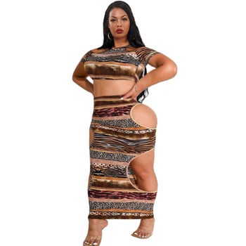 SOMO Leopard Print Plus Size 2 Σετ τεμαχίων Γυναικεία Crop Top Skinny μακριές φούστες Hollow Out Sexy Outfit Club Χονδρική Dropshipping