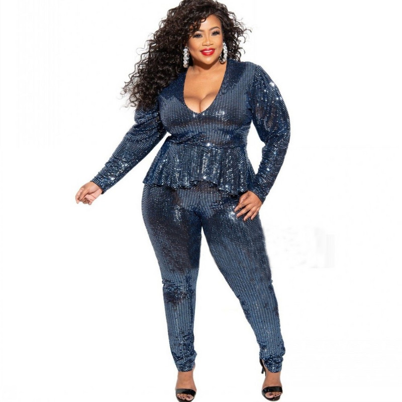 Liela izmēra 2 gabalu komplekts Sieviešu apģērbs ar fliteriem dziļi V veida kakla izgriezuma topi ar garām piedurknēm un zīmuļu bikses ar augstu vidukli Sexy Club Divdaļīgs komplekts