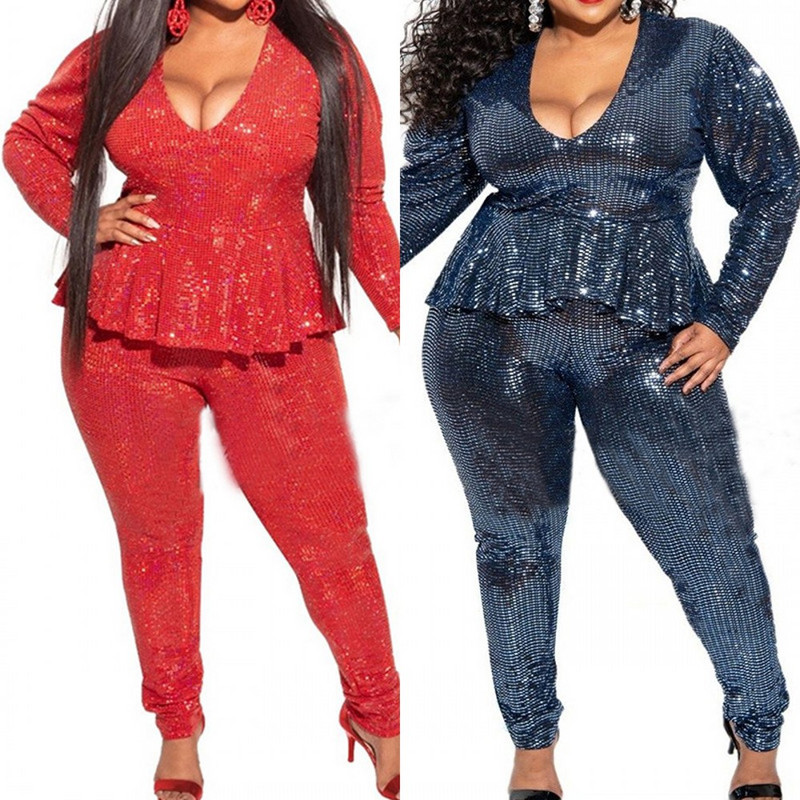 Liela izmēra 2 gabalu komplekts Sieviešu apģērbs ar fliteriem dziļi V veida kakla izgriezuma topi ar garām piedurknēm un zīmuļu bikses ar augstu vidukli Sexy Club Divdaļīgs komplekts