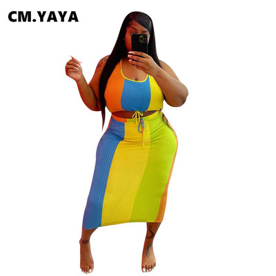 CM.YAYA Set Femei Dimensiune Plus Patchwork Crop Tancuri Topuri Cu Snur Talie Fuste Midi Două Seturi 2 Piese Tinuta Moda Sexy De Vara