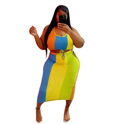 CM.YAYA sieviešu lielizmēra komplekts savārstījums Crop Tanks Topi Savelkamās aukliņas Viduklis Midi Svārki Divi 2 Daļu komplekti Seksīgs modes apģērbs Vasaras