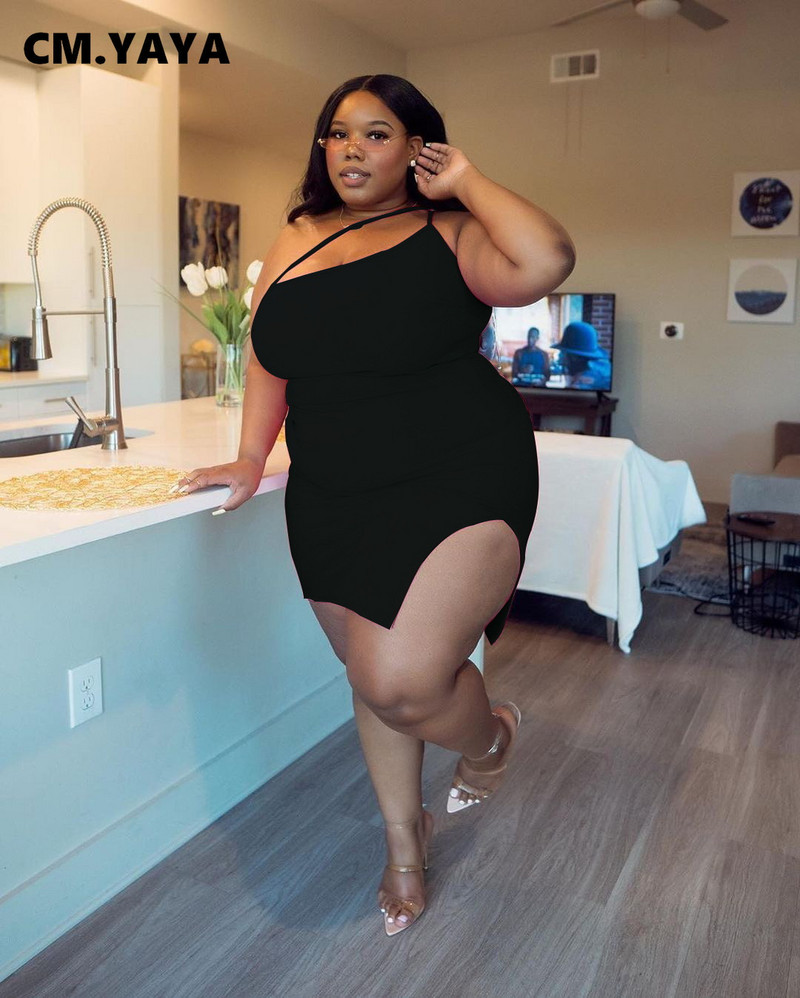 CM.YAYA liela izmēra sieviešu spageti siksniņa ar šķību kaklu Bodycon sānu mini Midi kleita Seksīga nakts ballīšu kleitas bez piedurknēm