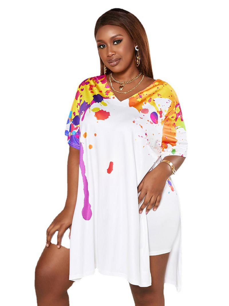 Liela izmēra sieviešu divdaļīgs komplekts, vasaras apdrukas kaklasaites krāsas krekls un bikses, sieviešu ikdienas modes tērpi, 2022. gada seksīgs treniņtērps V kakla izgriezumā