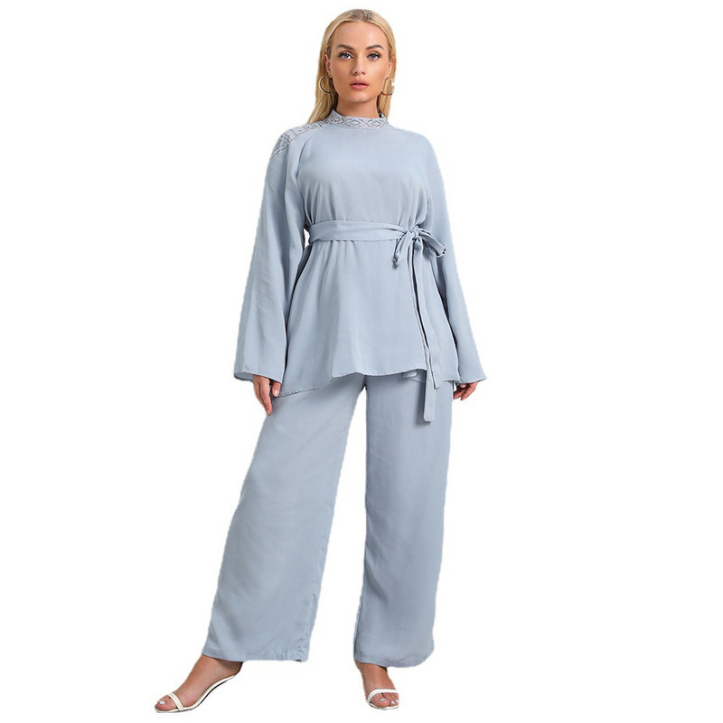 Divdaļīgs komplekts ikdienas lielizmēra sieviešu apģērbi, lina bikškostīmi, modes zili eleganti, garām piedurknēm, platām bikses, divdaļīgs apģērbs