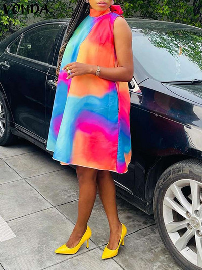 Μεγάλο μέγεθος 5XL VONDA σέξι γυναικείο φόρεμα 2023 Καλοκαιρινό αμάνικο Mini Sundress Bohemian Printed Bandage Casual Loose Tank Robe Beach
