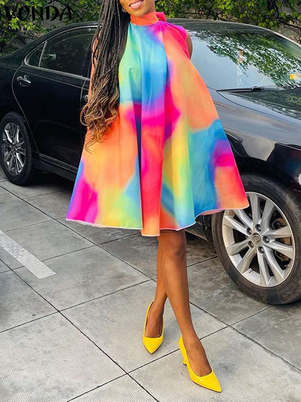 Μεγάλο μέγεθος 5XL VONDA σέξι γυναικείο φόρεμα 2023 Καλοκαιρινό αμάνικο Mini Sundress Bohemian Printed Bandage Casual Loose Tank Robe Beach