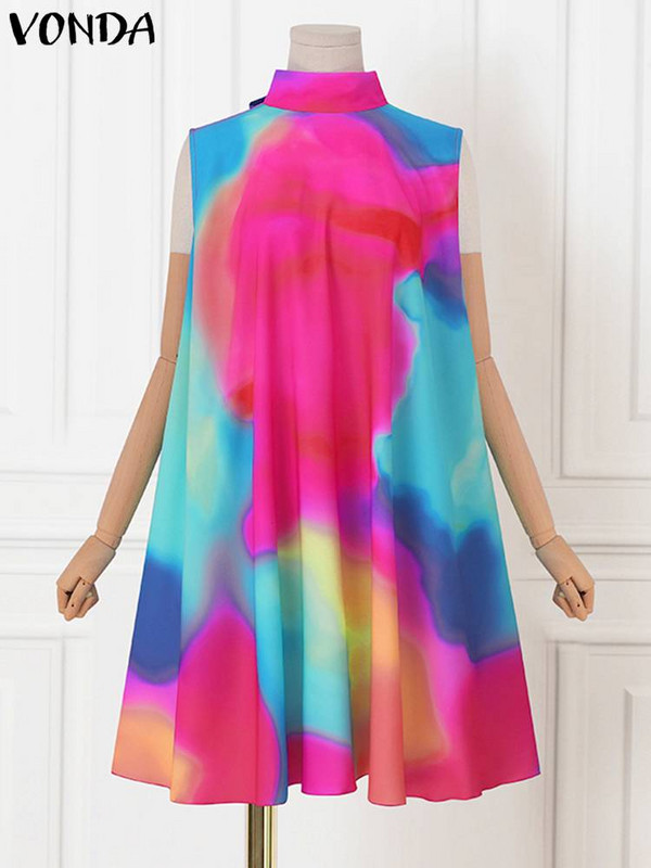 Μεγάλο μέγεθος 5XL VONDA σέξι γυναικείο φόρεμα 2023 Καλοκαιρινό αμάνικο Mini Sundress Bohemian Printed Bandage Casual Loose Tank Robe Beach