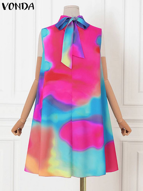Μεγάλο μέγεθος 5XL VONDA σέξι γυναικείο φόρεμα 2023 Καλοκαιρινό αμάνικο Mini Sundress Bohemian Printed Bandage Casual Loose Tank Robe Beach