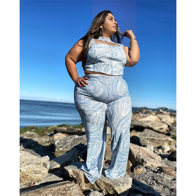 Divdaļīgie komplekti Modes 4xl 5xl Liela izmēra sieviešu apģērbi Vasaras apdruka dobi bez piedurknēm brīvs divdaļīgs uzvalks Crop top + platas kājas