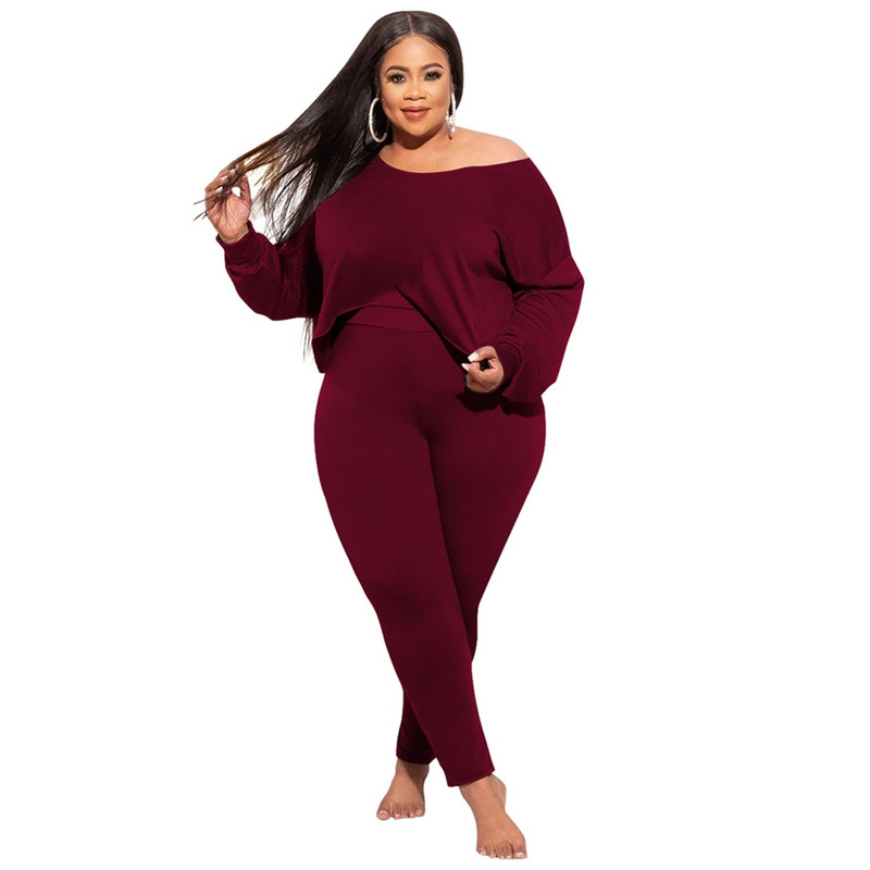 Γυναικεία ρούχα σε μεγάλο μέγεθος Oversize Casual σύνολα σετ δύο τεμαχίων μακρυμάνικο σε καθαρό χρώμα ασορτί Σετ ελαστικό Bodycon Παντελόνι