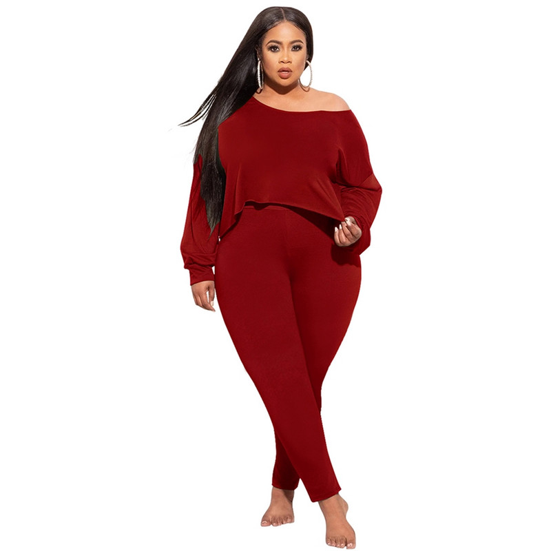 Γυναικεία ρούχα σε μεγάλο μέγεθος Oversize Casual σύνολα σετ δύο τεμαχίων μακρυμάνικο σε καθαρό χρώμα ασορτί Σετ ελαστικό Bodycon Παντελόνι