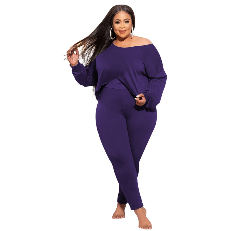 Γυναικεία ρούχα σε μεγάλο μέγεθος Oversize Casual σύνολα σετ δύο τεμαχίων μακρυμάνικο σε καθαρό χρώμα ασορτί Σετ ελαστικό Bodycon Παντελόνι