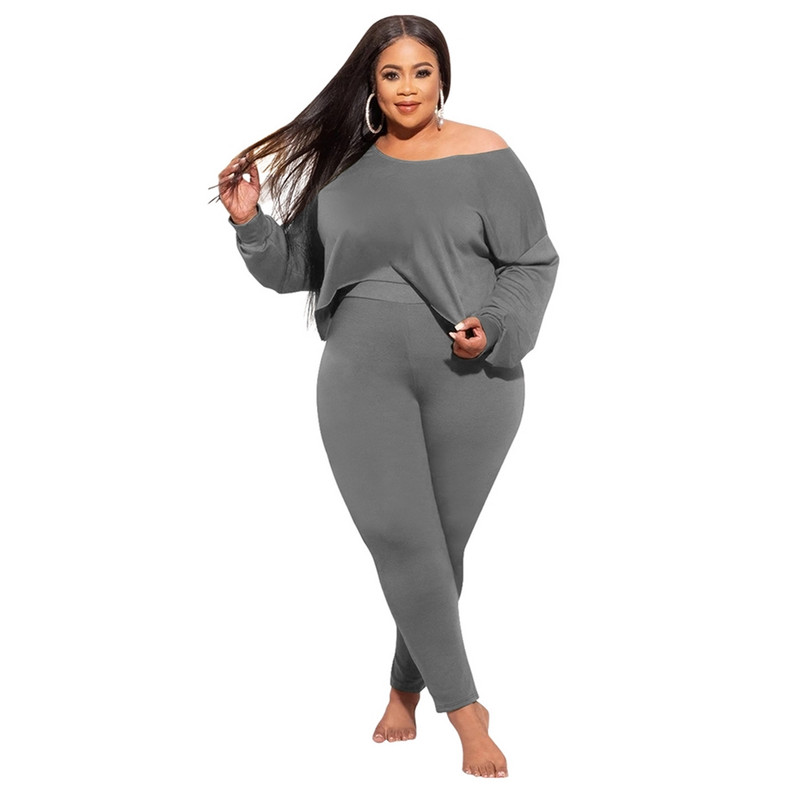 Γυναικεία ρούχα σε μεγάλο μέγεθος Oversize Casual σύνολα σετ δύο τεμαχίων μακρυμάνικο σε καθαρό χρώμα ασορτί Σετ ελαστικό Bodycon Παντελόνι