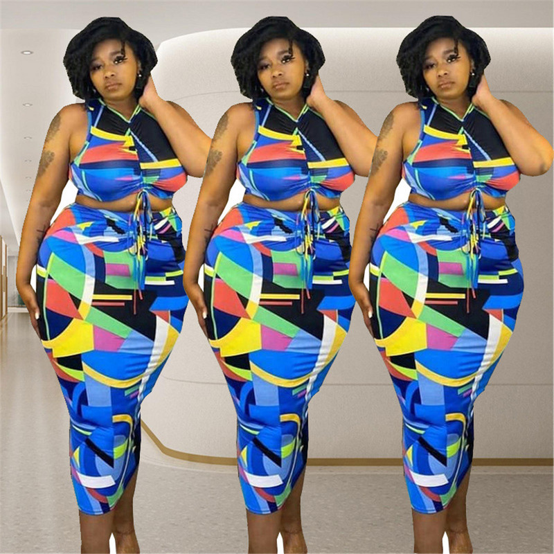 Liela izmēra sieviešu apģērbi, 5xl kroku apdruka, seksīga V apkakle, šņorējama, apgriezta augšpuse, vidēja izmēra svārki, divdaļīgs uzvalks, vairumtirdzniecība, piegāde